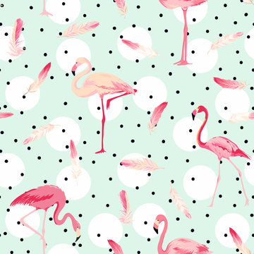 Fototapeta Flamingo Bird Background. Flamingo Feather Background. Retro szwu