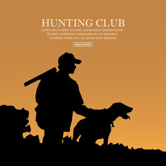 Hunter silhouette with dog. Outdoor hunting sport. Vector illustration.