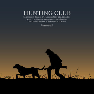 Hunter Silhouette With Dog. Outdoor Hunting Sport. Vector Illustration.