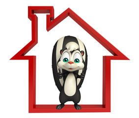 fun Skunk cartoon character with home sign