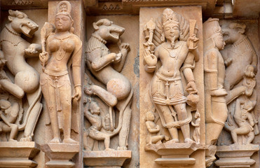 Bas-relief close up at famous ancient temple in Khajuraho, India