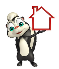 fun Skunk cartoon character with home sign