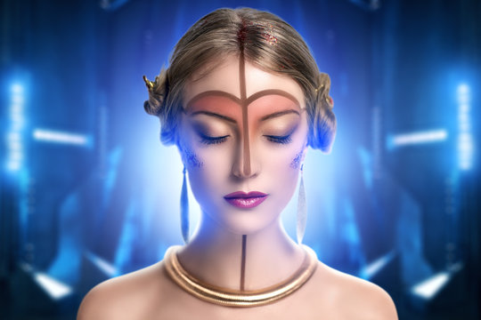 young beautiful girl, model, woman, princess, character, alien. Fabulous, mystical look. Bright, creative, fantasy makeup, futurism style, gold, brown forehead, lines, pattern, nose, neck, pink lips.