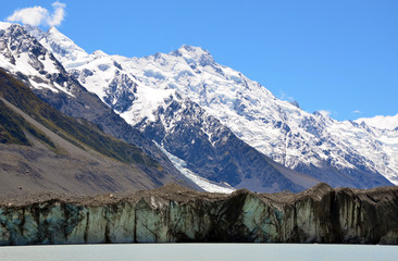 Glacier on a lake at the foot of snow covered mountains