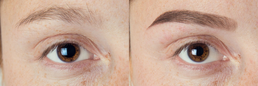 Perfect Eyebrows Before After. Two photos of eyes, eyebrows before & after correction. care and review of the eyes, light brown coloring, natural, perfect shape, procedure. Care, thin out, pull out.