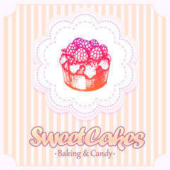 Sponge cake with sweet cream, whipped cream and fresh raspberries. Handmade. Bakery sweet shop. Sweet Cakes. 