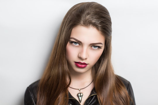 Portrait Of Young Beautiful Girl, Lady, Model, Actress, Rock Star. Chic, Gentle Makeup, Perfect Skin, Expressive Eyebrows, Eyes, Long Eyelashes, Full Lips, Cherry Lipstick. Daring, Fatal, Sexy Look.