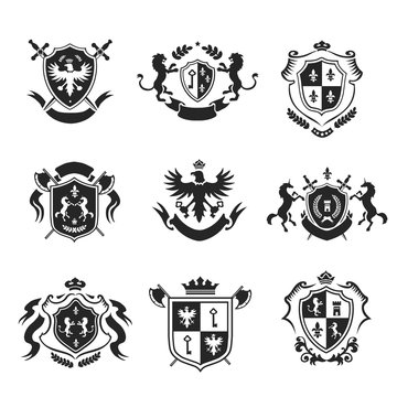 Heraldic coat of arms decorative emblems black set