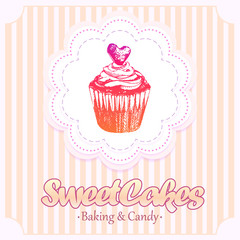 Cup cake with marshmallows and cream, decorated with heart. Handmade. Bakery sweet shop. Sweet Cakes. 