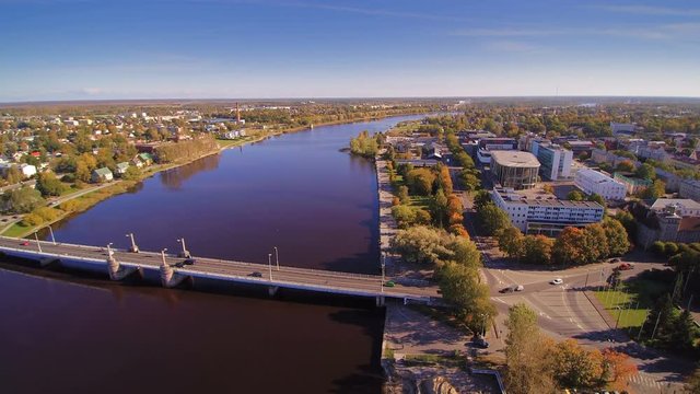 Beautiful city of Parnu in aerial view. The beauty of the city on a fine weather with the bridge