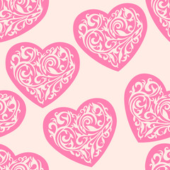Obraz na płótnie Canvas Seamless vector pattern with ornate hearts. Hearts from floral t