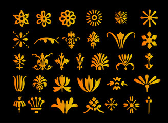 Different Ornaments Set Isolated on black Background