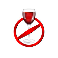 Glass of red wine, prohibition sign on a white background