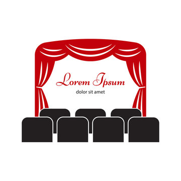 Theater or cinema logo, label or badge template. Theater or cinema icon. Theater stage with curtain and seats vector illustration.