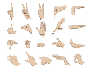 Hand collection - vector outline illustration. Set of 20 gestures. Lines hand on white background.