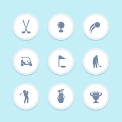 Golf icons, golf clubs, golf player, golfer, golf bag round icons, vector illustration