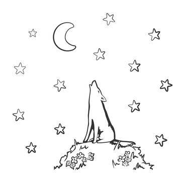 Howling wolf under moon. Doodle sketch with wolf on hill. Vector illustration.