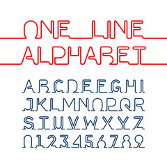 One line alphabet and numbers. One single continuous line font © piai