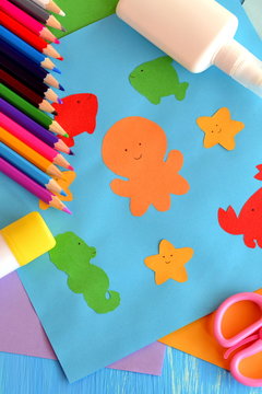 Preschool Sea Animals Arts And Crafts. Paper Ocean Animals. Kindergarten. Early Childhood Education. Pencils, Glue, Scissors, Colored Paper. Kids Background