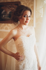 Portrait of beautiful bride with fashion veil and dress at wedding morning