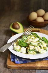 Rustic salad with avocado,boiled eggs,spinach and chicken.