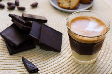 Afternoon snack  for one. Glass cup of with condensed milk served with crushed chocolate.