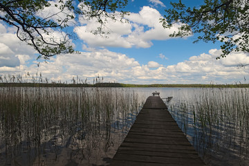 Picturesque lake and forest. At the end of the pier you can see the silhouette of a duck. Large white clouds hide the blue sky (Pisochne ozero, Ukraine)  