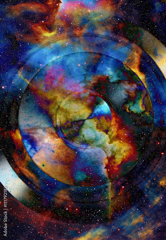 Poster audio music speaker with color effect. cosmic space and stars, cosmic abstract background.
