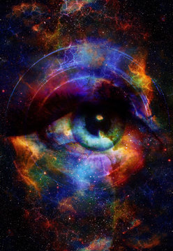 Woman Eye and cosmic space with stars and music speaker silhouette. abstract color background, eye contact, music concept.