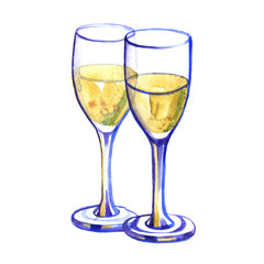 Watercolor two glasses with champagne