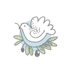 white dove with olive branch drawn in simple style. vector illus