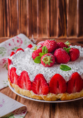 no baked Strawberry Cheesecake with cottage cheese on wooden background, selective focus.