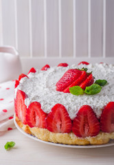 no baked Strawberry Cheesecake with cottage cheese on wooden background, selective focus.