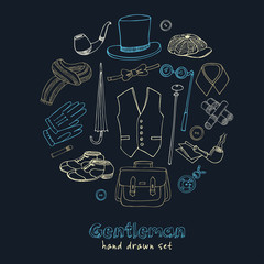 Gentlemans vintage accessories doodle set. 