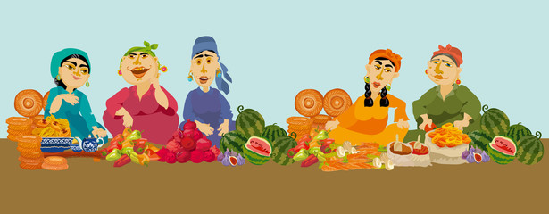 caricature woman sellers in food market, vector illustration