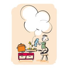 kid cooking kitchen vector illustration in vintage style