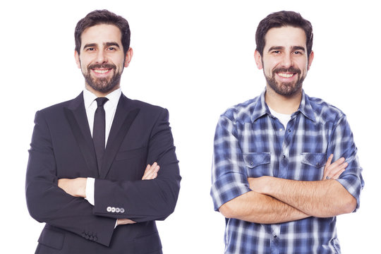 Same man dressed as casual man and business man, isolated on whi