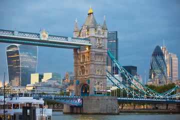 Tower Bridge and City of London skyscrapers, London