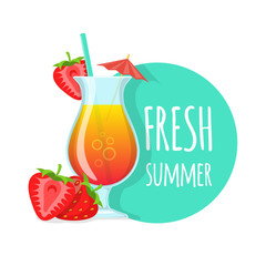 Cocktail and strawberries with text.