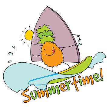 Pineapple windsurfing summertime vector illustration.