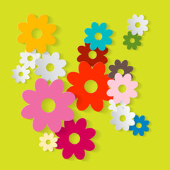 Paper Cut Flowers. Colorful Paper Vector Flower Set on Green Background. Spring or Summer Cover Design Pattern.