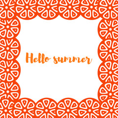 Tomato slices background with text "Hello summer". Vector illustration
