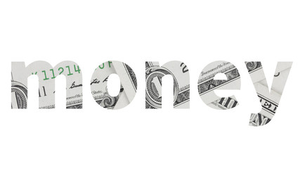 money text from dollar bill on white background.