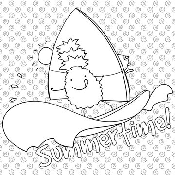 Pineapple windsurfing summertime coloring book page vector illustration.