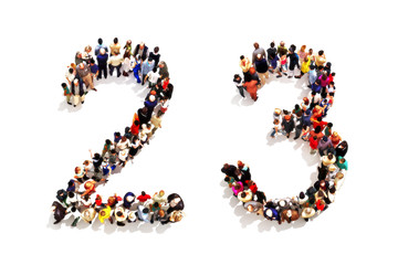People forming the shape as a 3d number two (2) and three (3) symbol on a white background. 3d rendering