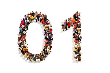 People forming the shape as a 3d number zero (0) and one (1) symbol on a white background. 3d rendering