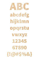 alphabet and punctuation with wood texture on white background. © nuruddean