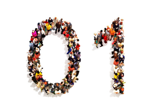 People Forming The Shape As A 3d Number Zero (0) And One (1) Symbol On A White Background. 3d Rendering