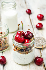 Chia seeds granola Greek yoghurt pudding with cherries