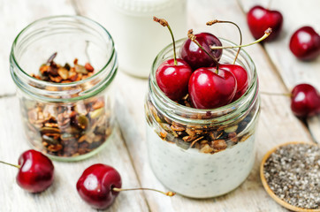 Chia seeds granola Greek yoghurt pudding with cherries